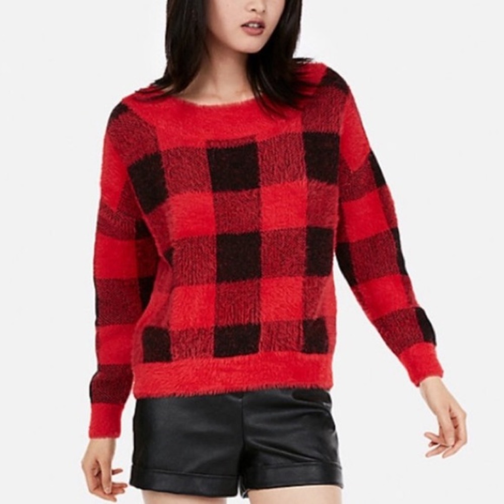 Express Buffalo Plaid Fuzzy Sweater - Picture 3 of 5
